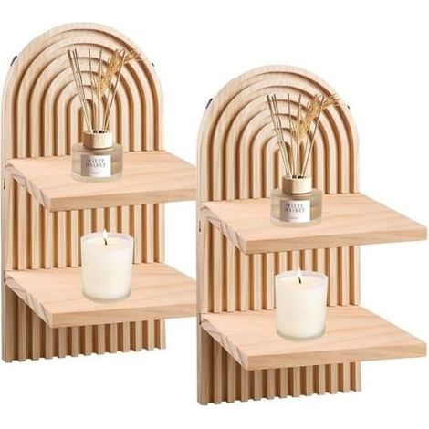 Lot de 2 Étagères Murales En Bois Arc-En-Ciel Boho, 4 Étagères Flottantes, Planche En Bois Décorative Bohème, Étagère Murale Bohème, Double Couche Pour Salon, Chambre, Bureau, Cuisine (1/5)