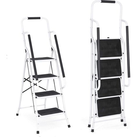 scabeau en Acier De 4 Marches Tabouret Marche Pied Pliant Echelle Escabeau Professionnel avec Pieds Anti Dérapant, Larges Marches et Détachable Main Courante Echelle Pliante Max 150Kg (1/5)