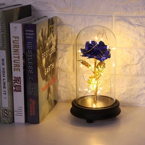 Lampe LED Rose Dorée 24K avec Base en Verre - Cadeau de Saint-Valentin & Mariage Lumineux Bleu (1/5)