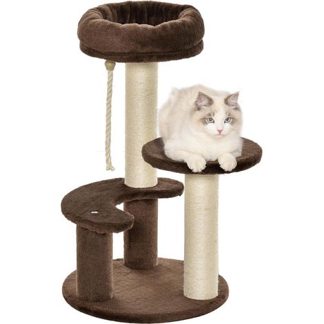 Détente et jeu, arbre à chat 3 niveaux avec lit en peluche, poteaux griffoir en sisal pour chats (1/5)
