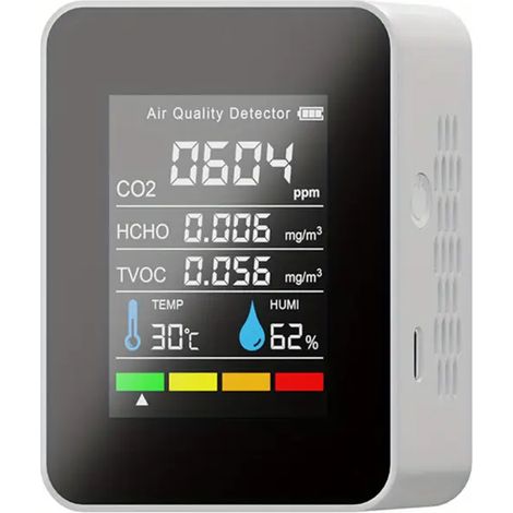Détecteur de qualité d’air 5-en-1, moniteur CO2 avec température et humidité, portable