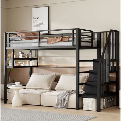 Hochbett modern 90x200 cm Metall Schwarz mit Stauraumleiter, Regalfächern und Sicherheitsgeländer (1/5)