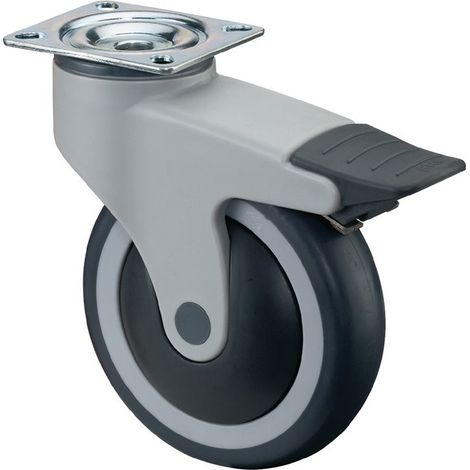 Rullo in plastica con diametro fisso 125mm carico 100kg con piastra, sferico, gommato, grigio