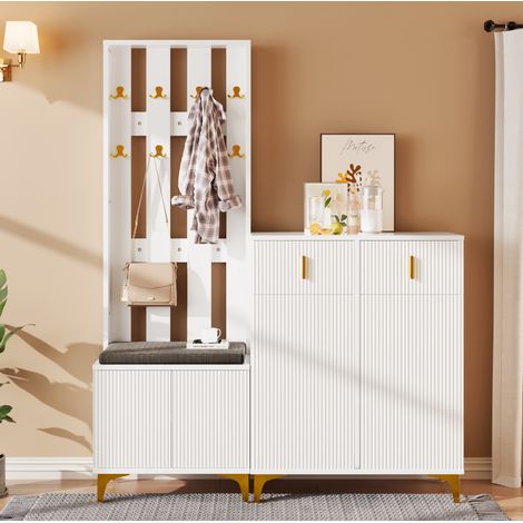 Mueble recibidor con banco zapatero y colgador blanco OKMYHOME (1/5)
