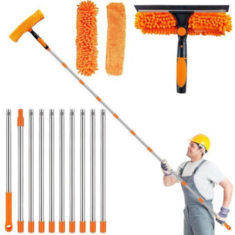 4.25M Nettoyeur de Vitre 3en1 Raclette Vitre,Lave Vitre Telescopique avec Raclette en Silicone et Brosse en Microfibres, (Orange) (1/5)