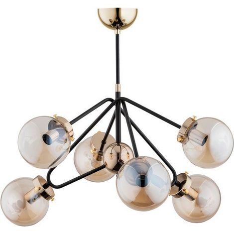 Alfa ELBA Industrial Loft Ceiling Light 6x E14, Black & Gold Metal Chandelier with Gold-Tinted Glass Globes, Dimmable, 10W Max, 62.5cm Wide for Living Room, Dining Room, Bedroom (1/2)