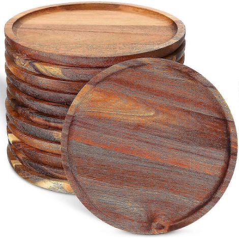 Lot de 12 plateaux ronds en bois, assiettes de présentation pour sandwichs, en-cas, desserts, salades et fruits. Nettoyage facile. 20 cm. (1/5)