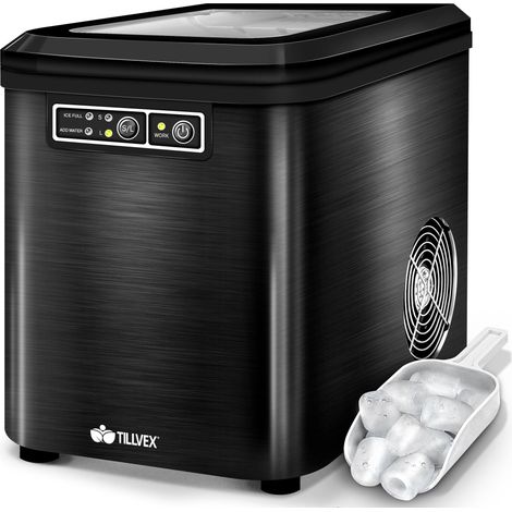 tillvex Machine à glaçons Noir en inox 12 kg - 24 h Préparation de glaçons réservoir 2,2 litres Ice Maker écran LED et nettoyage automatique 2 tailles de glaçons