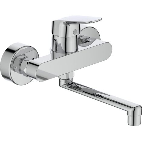 Mitigeur de cuisine Cerafflex - Saillie 200 mm - Pour montage mural, bec orientable, raccords en S réglables - Diamètre 38 mm - Pivote à 100 ° - Surface chromée (1/5)