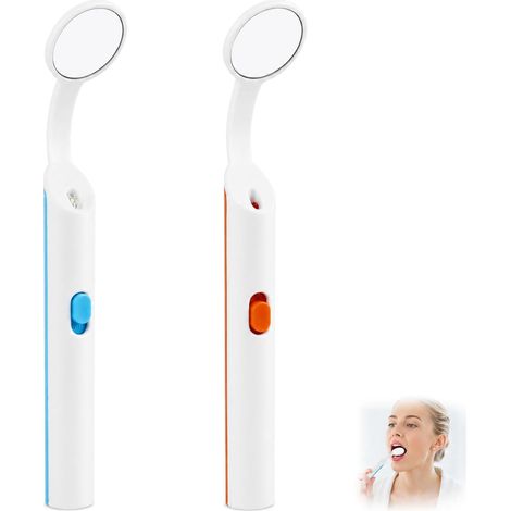 Miroir Dentaire avec lumière LED, Lot de 2 miroirs Anti-buée avec Angle courbé et poignée Ergonomique, Accessoires pour Soin Dentaire, Inspection buccale, Bleu &Orange, Utilisation Pratique (1/5)