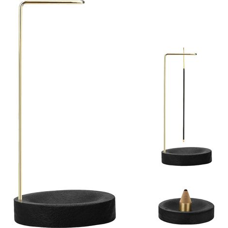 2-in-1 Incense Holder with Gold Stem and Black Base, Modern Stand for Stick Incense (Inverted Burning) and Cone Incense, Decorative Incense Burner for Meditation, Yoga, Home and Office (1/5)