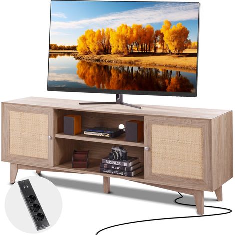 Meuble TV en Rotin pour Téléviseur 75" Banc TV avec Prise Intégrée Chêne (1/5)
