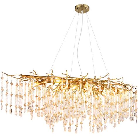 Lustre suspension lampe suspendue cristaux de verre doré ambre clair L 150 cm (1/4)