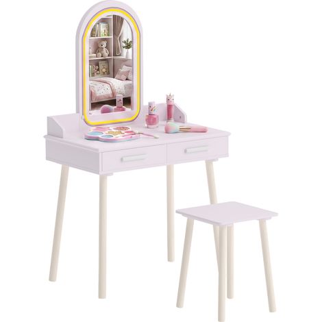 AIYAPLAY Kids Dressing Table with Stool, 3-Colour LED Lights Mirror, Drawer (1/5)