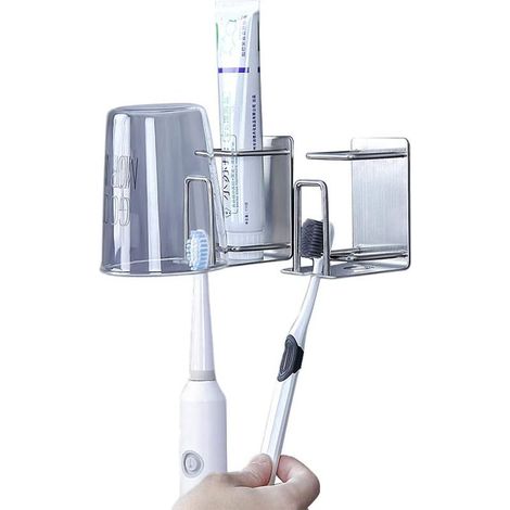 Porte-brosse à dents multifonction, porte-dentifrice et porte-gobelet, sec, acier inoxydable, montage mural (LOT DE 2)-Fei Yu (1/5)