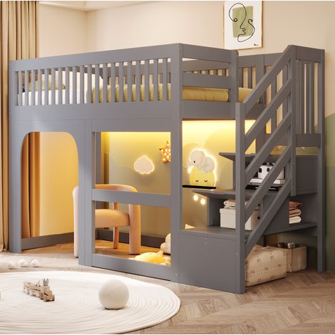 Kinder-Hochbett 90x200 cm Grau aus Holz mit Stauraumtreppe, LED-Beleuchtung und offenem Spielbereich (1/5)