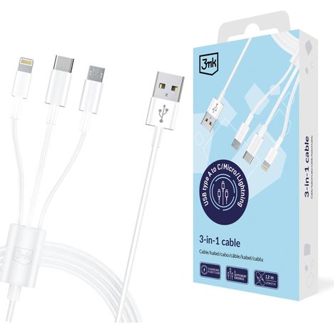 Zubehör – 3MK Kabel USB Typ A auf USB C/Micro-USB/Lightning, 1,2 m, 20 V/2,4 A, 15 W, Weiß, MM – global (1/5)