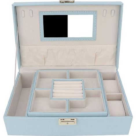 Boîte de rangement de bijoux, boîte de rangement de bijoux en cuir PU de grande capacité, support de conteneur de collier de boucle d'oreille avec miroir (1/5)