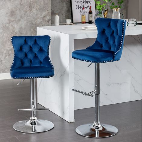 Sgabello da bar in velluto blu, altezza regolabile, girevole 360°, base cromata, 63,5-83,8 cm (1/5)
