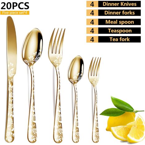 Ménagère Dorée 20 Pièces en Acier Inoxydable, Motif Original, Service de Couverts pour 4 Personnes (1/5)