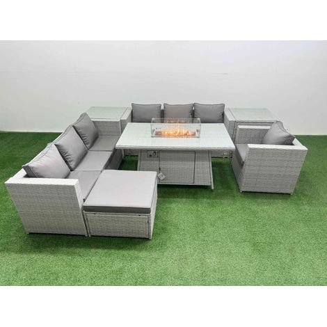 Fimous 8 Seat PE Rattan Lounge Sofa Set Outdoor Garden Furniture Set with Firepit Dining Table 3 Seater Sofa Big Stool 2 Side Tables Light Grey (1/5)