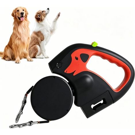 Laisse double rétractable pour 2 petits chiens jusqu'à 12 kg, système anti-emmêlement 360°, éclairage LED et porte-sac à déjections, longueur 3 m, rouge (1/5)