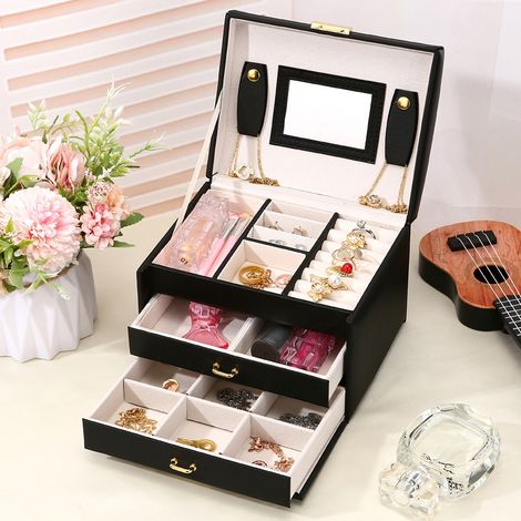 Boîte à bijoux 3 couches, boîte à bijoux de voyage boîte à bijoux pour femmes avec miroir, boîte à bijoux portable pour anneaux, bagues, colliers noir