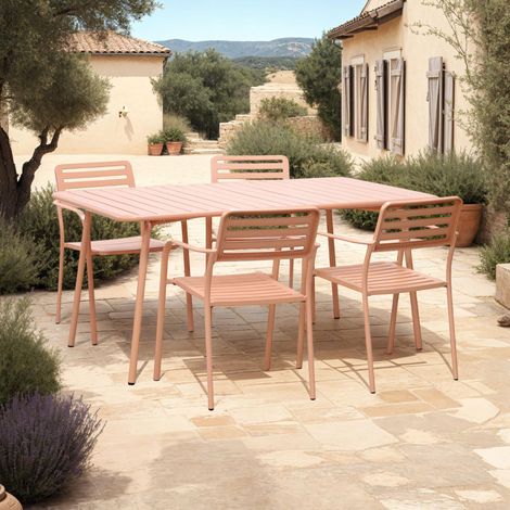 Table de jardin + 4 fauteuils empilables en métal terracotta - BACA