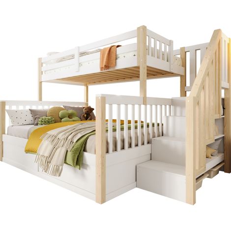 Lit superposé 90x200 cm + 140x200 cm avec escalier de rangement et coffre hydraulique, sans matelas, blanc et bois clair, pour chambre enfant - CHICFURN (1/5)