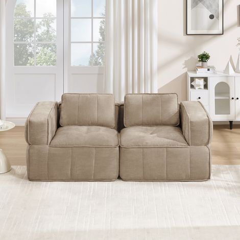 Canapé 2 places modulable angle 198x93x67 sans armature, mousse 32D, assise profonde, doux, sans montage, sable,brun (1/5)