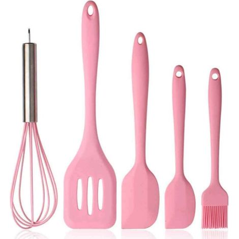 Ensemble d'ustensiles de cuisine antiadhésifs avec spatule - Ensemble de 5 pièces en silicone - Rose