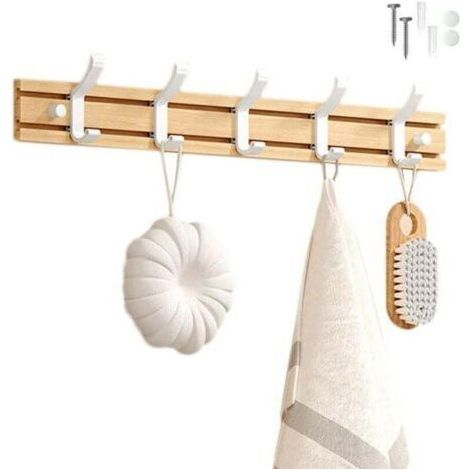 Porte Manteau Bambou Mural, Patères 5 Crochets pour Suspendre Vêtements, Peignoirs, Serviettes, Manteaux Crochet Mural pour Entrée, Chambre, Salle de Bain (Blanc-5 Crochets) (1/4)