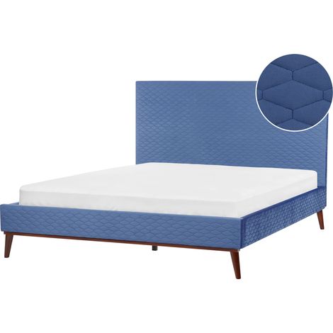 Cama con somier cabecero panal acolchado diseño moderno tapizado de terciopelo azul 180 x 200 cm Bayonne (1/5)
