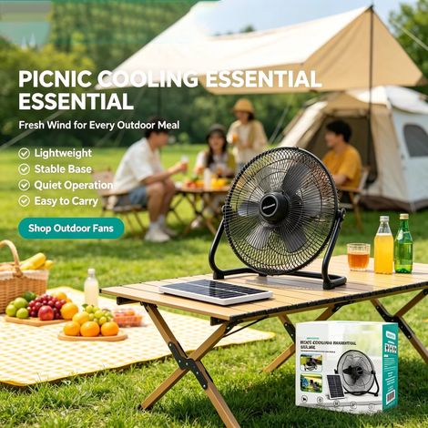 Ventilateur de sol solaire , inclinaison réglable, silencieux, 3 vitesses, avec panneau solaire détachable pour camping-car, pêche, hors réseau, panne de courant, refroidissement (1/5)