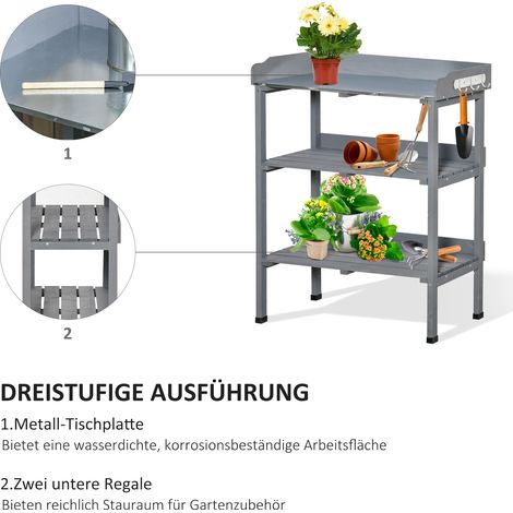 Table de jardin Outsunny, table à plantes avec plateau métallique, bois d'extérieur, gris, 76 x 37 x 89 cm (1/4)