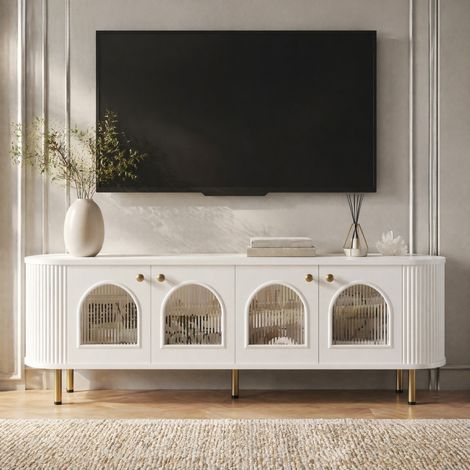 Mueble TV 170x35x55 cm en MDF blanco y dorado, con almacenaje, para salón FloraGrace (1/5)