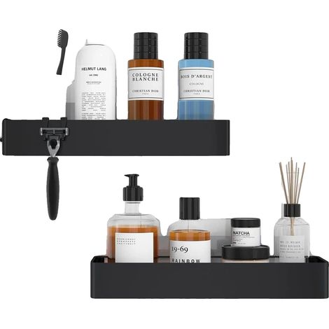 Estantes de pared para baño, doble nivel, diseño para montaje en pared, color negro. (1/2)