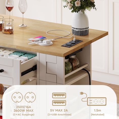 Îlot cuisine portable 120cm table pliante,étagère ouverte,ports AC/USB,porte vitrée,roulettes à freins pour cuisine,salon et salle à manger. (1/5)