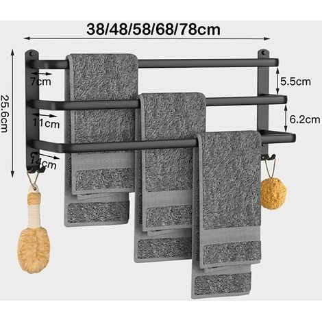 Handtuchhalter für Badezimmer, schwarze, selbstklebende Wandhandtuchstangen für Dusche und Küche, wasserdichte Türstangen mit Haken (Schwarz, 60 cm) (1/4)