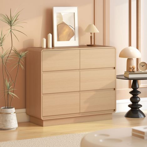 Aparador de 100 cm, vitrina con 6 cajones, cómoda para cocina, salón o comedor, de madera natural.