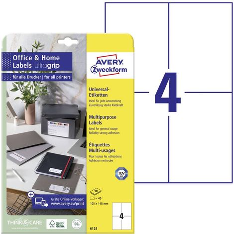 Avery-Zweckform 6124 Etichetta universale 105 x 148 mm Carta Bianco 40 pz. A tenuta permanente Stampante a getto d'inch (1/5)
