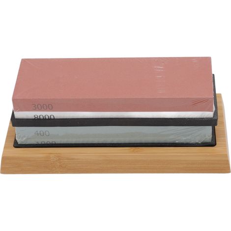 Pierres à aiguiser blanches en corindon double face pour couteaux, kit avec base en bambou pour la cuisine (1/5)