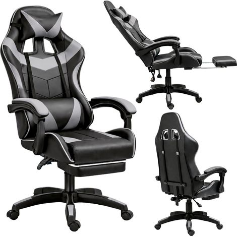 Sedia da ufficio/gaming girevole LEAN con poggiapiedi e cuscini, nera e grigia