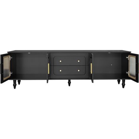 Meuble TV bas rétro noir 175 cm avec 4 portes en verre strié et 2 tiroirs MODENUIT (1/5)