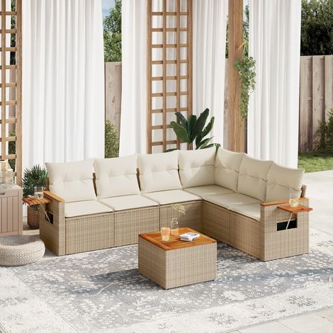 7-tlg. Garten-Sofagarnitur mit Kissen Beige Poly Rattan (1/3)