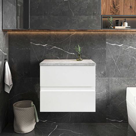 Hudson Reed Urban Wall Hung 2-Drawer Vanity Unit with Bellato Grey Worktop 600mm Wide - Satin White (1/5)