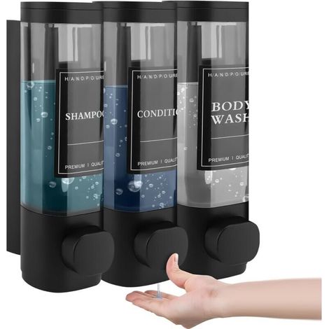 Set mit 3 Wandseifenspendern, 300 ml, kein Bohren erforderlich, für Waschbecken, Badezimmer, Duschgel, Shampoo, Lotion für Küche und Bad, schwarz (1/4)