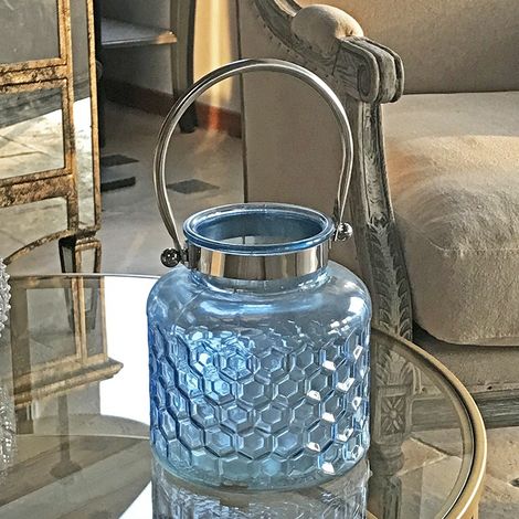 Lanterne verre bleu 18x20cm (1/3)