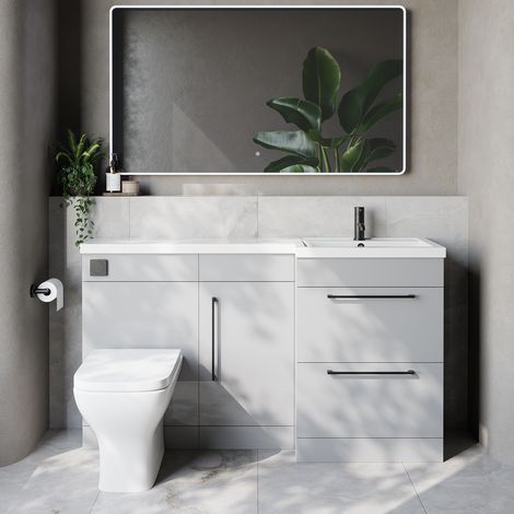 Napoli 390 Gloss Grey Pearl 1500mm 2 Drawer Vanity Unit Toilet Suite with Right Hand Square Lucia Basin - 1500mm - Matt Black 320mm HandleWith Kingston Toilet Pan and Seat