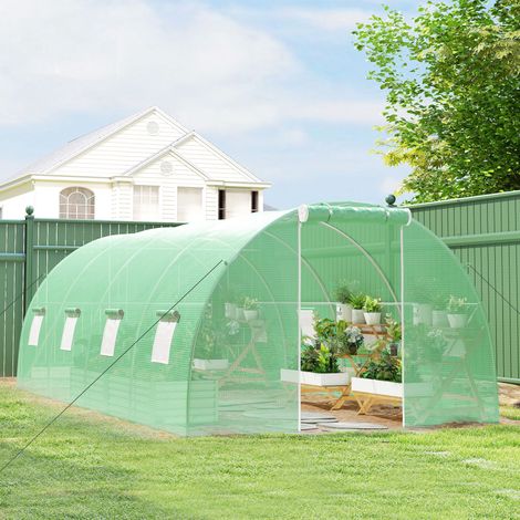 Serre tunnel 6 x 3 x 2 m avec porte enroulable, 8 fenêtres grillagées et structure en acier galvanisé vert (1/5)